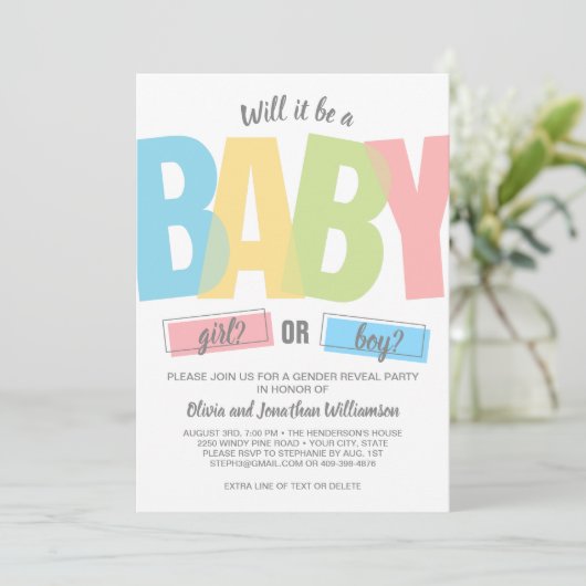 Modernes Typografie Gender Reveal Baby Shower Part Einladung (Stehend Vorderseite)