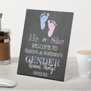 Modernes Typografie Gender Reveal Party! Willkomme Sockelschild