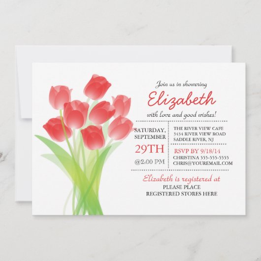 Modernes Typografisches Rotes Tulip-Brautparty Einladung (Vorderseite)