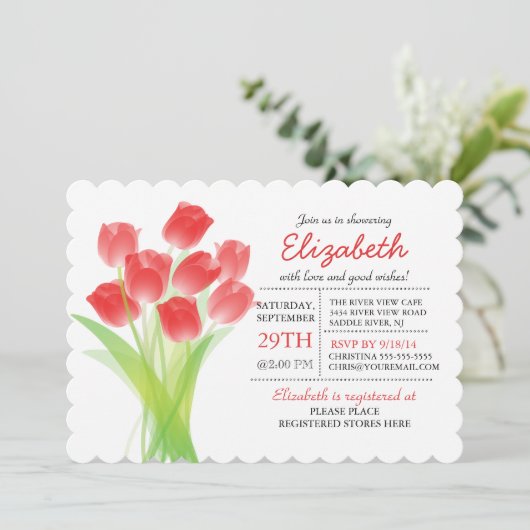 Modernes typografisches rotes Tulpe-Brautparty Einladung (Stehend Vorderseite)