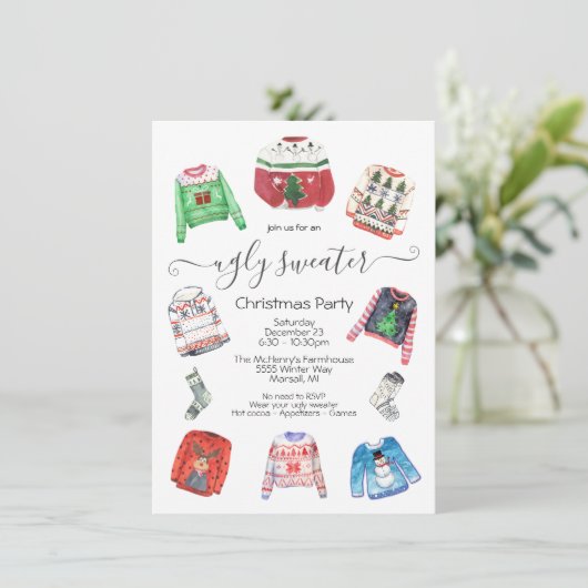 Modernes Ugly Sweater Holiday Weihnachts-Party Einladung (Stehend Vorderseite)