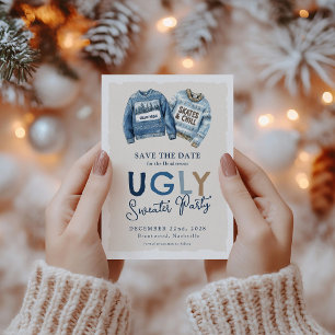 Modernes Ugly Sweater Party Save the Date Feiertagspostkarte