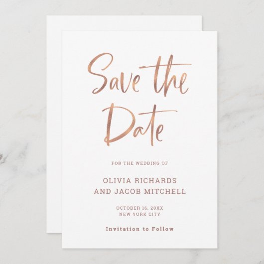Modernes und elegantes | Imitate Rose Goldhochzeit Save The Date (Vorne/Hinten)