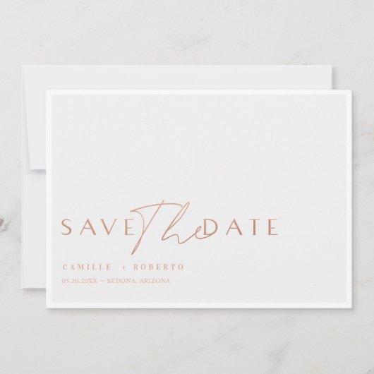 Modernes und elegantes Rose Blush Gold Script Save The Date (Vorderseite)
