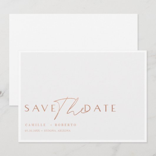 Modernes und elegantes Rose Blush Gold Script Save The Date (Vorne/Hinten)