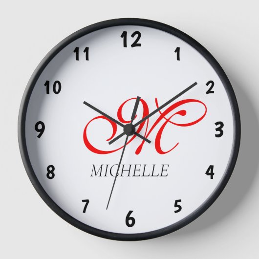 Modernes und elegantes Schwarz-Rot-Monogramm Uhr (Vorderseite)