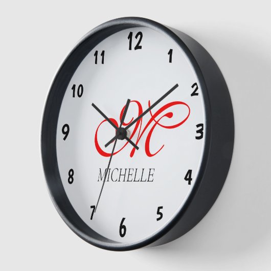 Modernes und elegantes Schwarz-Rot-Monogramm Uhr (Winkel)