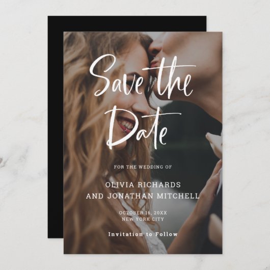Modernes und elegantes Weiß | Custom Foto Wedding Save The Date (Vorne/Hinten)