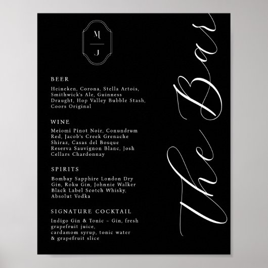 Modernes und minimales Bar Menu-Skript Monogram Bl Poster (Vorne)