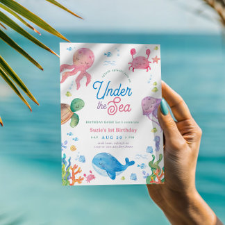 Modernes Unterseewasser Kinder 1. Geburtstag Party Einladung