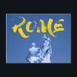 Modernes, urbanes, lebendiges, cooles Design Rom K Postkarte<br><div class="desc">Modernes,  urbanes,  trendy grafisches Design der Skulpturenfotografie und der Typografie im Stil der Malerei. Taube auf der Statue vor dem Altar des Vaterlandes mit klarem,  blauem Himmelshintergrund. Kühne,  lebendige Grafik im Stil eines Hipsters in Blau und Gelb.</div>