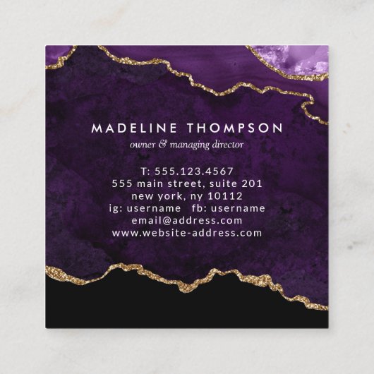 Modernes Velvet Lila Marble Agate Geode Quadratische Visitenkarte (Rückseite)