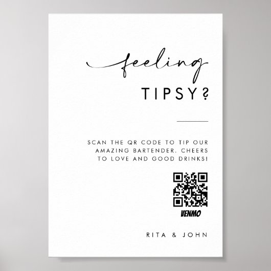 Modernes Venmo Tipp für Ihre Barkeeper Hochzeitsze Poster (Vorne)