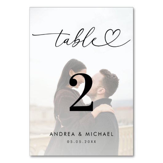 Modernes verblichenes Foto Elegantes Herz-Script H Tischnummer (Vorderseite)