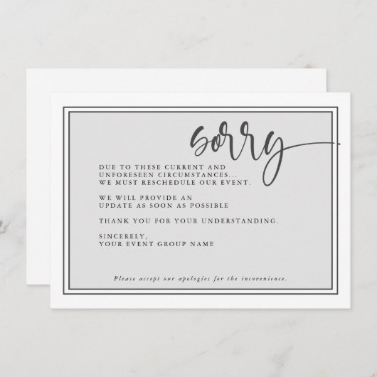 Modernes, verzögertes Ereignis Entschuldigung Umsc Einladung (Vorne/Hinten)