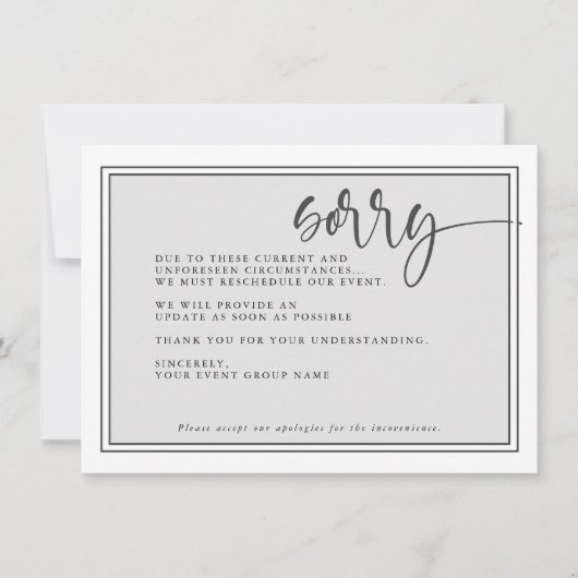 Modernes, verzögertes Ereignis Entschuldigung Umsc Einladung (Vorderseite)