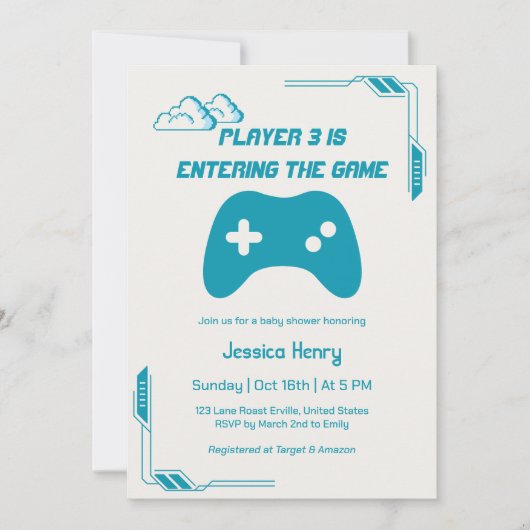 Modernes Video Game Player 3 Gaming Baby Dusche Einladung (Vorderseite)