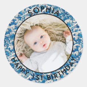 Modernes Vintag Happy 1. Geburtstag Foto Ozean Runder Aufkleber