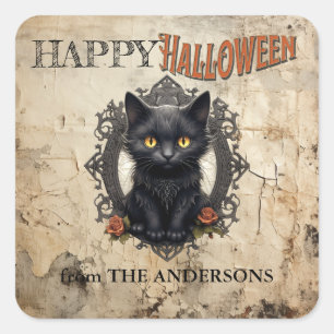 Modernes Vintages Black Cat Alt Paper Halloween Quadratischer Aufkleber