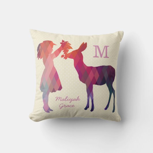 Modernes Vintages Girl- und Hirschmonogramm-Kissen Kissen (Vorderseite)