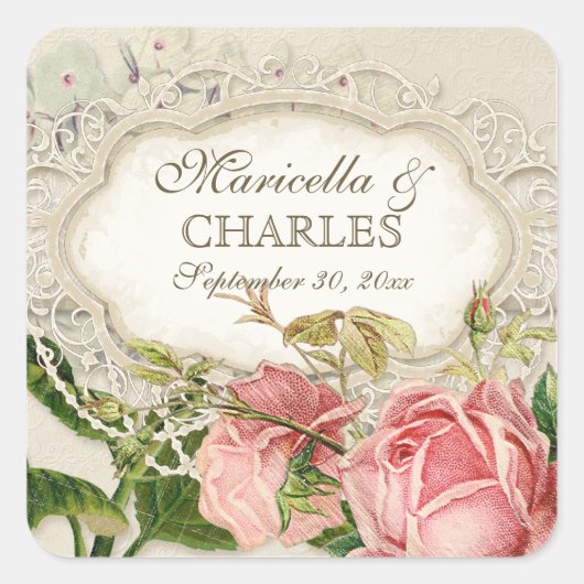Modernes, Vintages Spitzentea Hydrangea in Rose Quadratischer Aufkleber (Vorderseite)