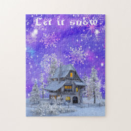 Modernes Vintages Winterschneeflocken Haus Blau Puzzle