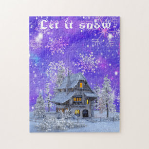 Modernes Vintages Winterschneeflocken Haus Blau Puzzle