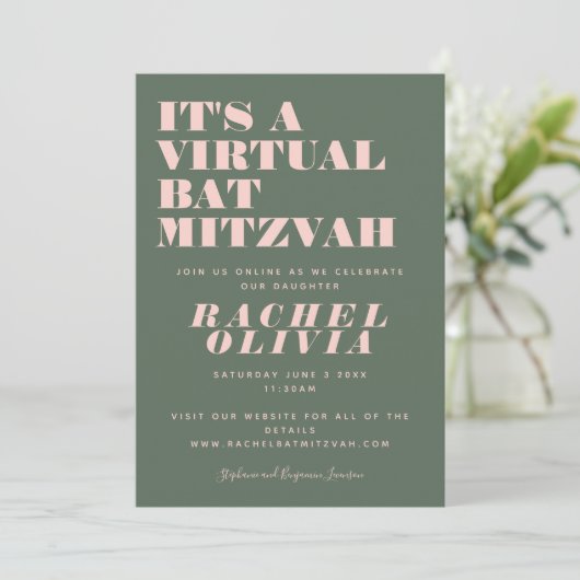 Modernes virtuelles Online-Rosa und grünes Bat Mit Einladung (Stehend Vorderseite)