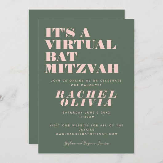 Modernes virtuelles Online-Rosa und grünes Bat Mit Einladung (Vorne/Hinten)