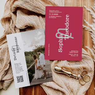 Modernes Viva Magenta Minimal Wedding QR Code Foto Einladung