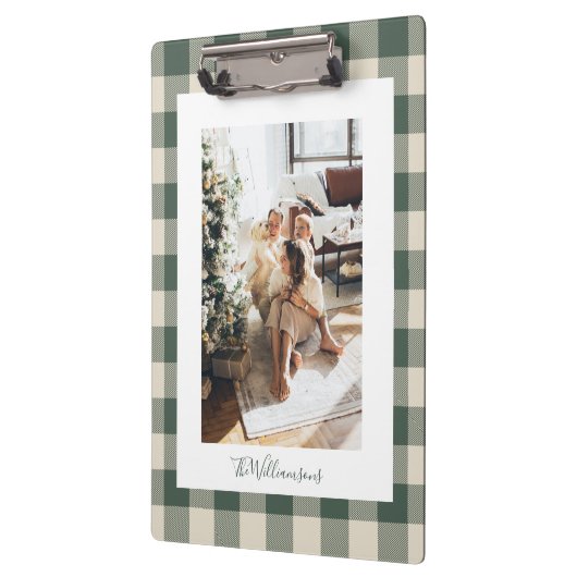 Modernes waldgrünes Kariertes rustikales Foto Klemmbrett (Links)