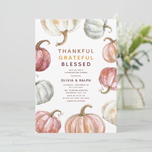 Modernes Wasserfarbenkürbis Erntedank Dinner Einladung (Stehend Vorderseite)