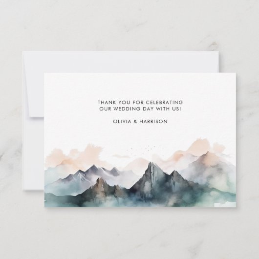 Modernes Watercolor Bergwelt Hochzeitssemble Foto Dankeskarte (Rückseite)