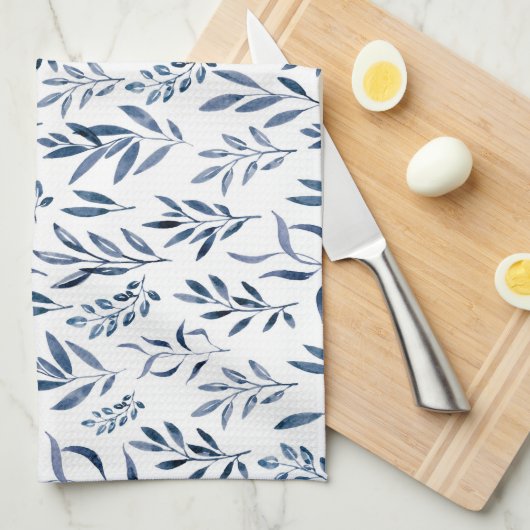 Modernes Watercolor Blau Blätter Muster Geschirrtuch (Viertel Falte)