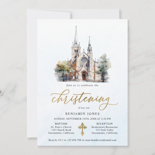 Modernes Watercolor Blue Christening Einladung (Vorderseite)