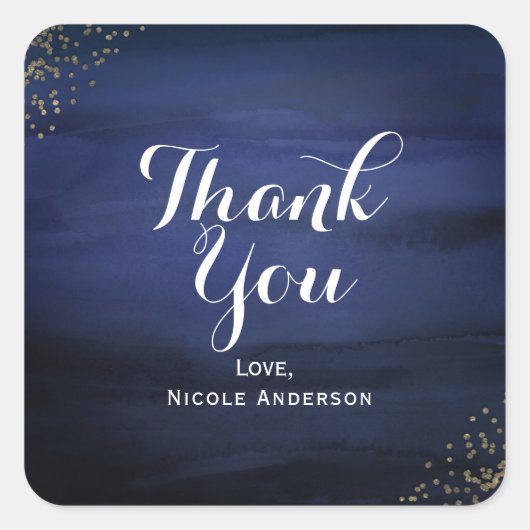 Modernes Watercolor Blue Gold Confetti Gastgeschen Quadratischer Aufkleber (Vorderseite)