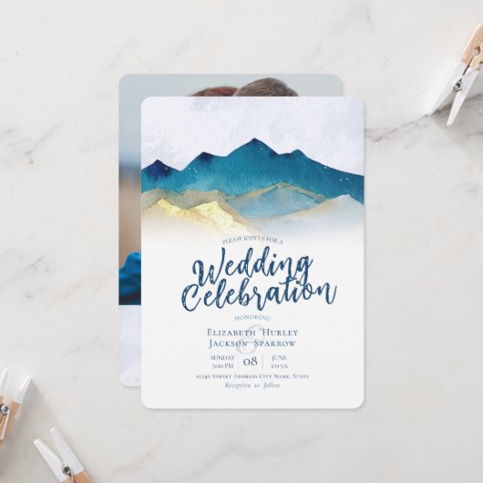 Modernes Watercolor Blue Gold Mountain Wedding Fot Einladung (Vorderseite/Rückseite Beispiel)