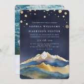 Modernes Watercolor Blue Gold Mountain Wedding Fot Einladung (Vorne/Hinten)