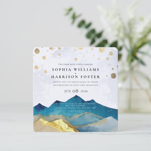 Modernes Watercolor Blue Gold Mountain Wedding Fot Einladung (Stehend Vorderseite)