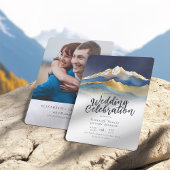 Modernes Watercolor Blue Gold Mountain Wedding Fot Einladung