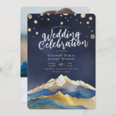 Modernes Watercolor Blue Gold Mountain Wedding Fot Einladung (Vorne/Hinten)