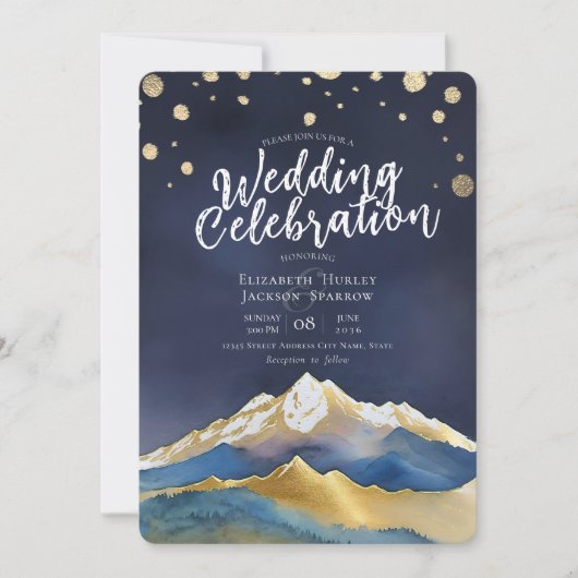 Modernes Watercolor Blue Gold Mountain Wedding Fot Einladung (Vorderseite)