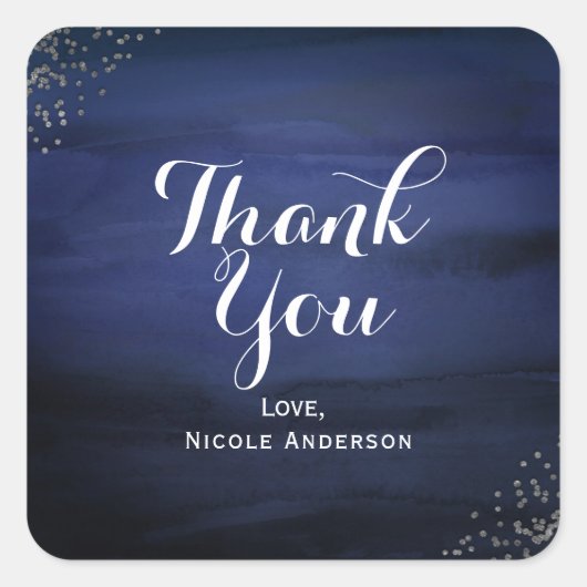 Modernes Watercolor Blue Silver Confetti Gastgesch Quadratischer Aufkleber (Vorderseite)