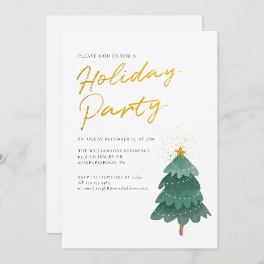 Modernes Watercolor Script Tree Weihnachtsbaum Par Einladung (Vorne/Hinten)