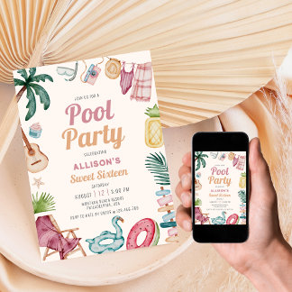 Modernes Watercolor Summer Pool Party 16 . Geburts Einladung