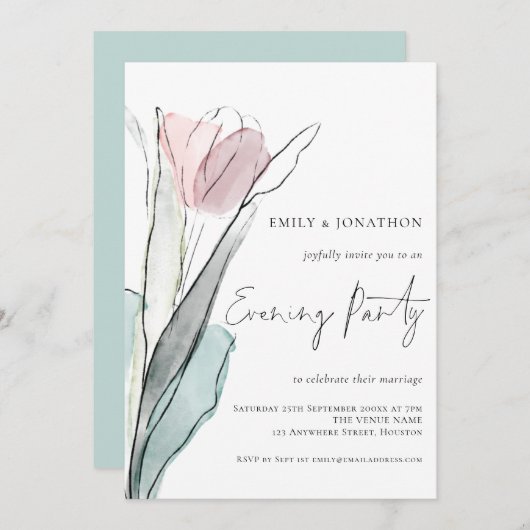 Modernes Watercolor Tulip Wedding Abend Party Einladung (Vorne/Hinten)