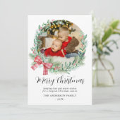 Modernes Watercolor Wreath Bow Foto Weihnachten (Stehend Vorderseite)