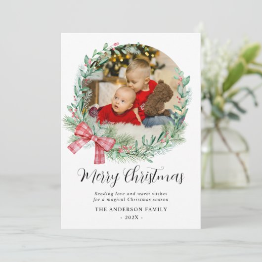Modernes Watercolor Wreath Bow Foto Weihnachten (Stehend Vorderseite)