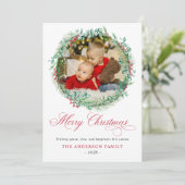 Modernes Watercolor Wreath Bow Foto Weihnachten (Stehend Vorderseite)