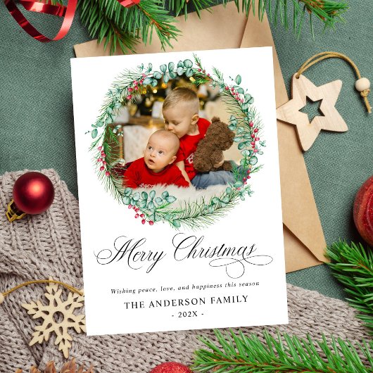 Modernes Watercolor Wreath Bow Foto Weihnachten